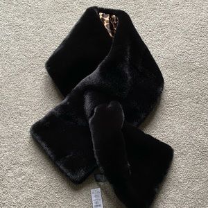 WHBM BLACK FAUX FUR PUFFER STOLE WRAP LEOPARD PRINT SATIN LINING NWT